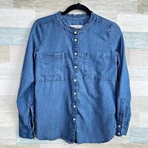 LOFT Ruffle Neck Chambray Shirt Blue Long Sleeve Lyocell Womens XS